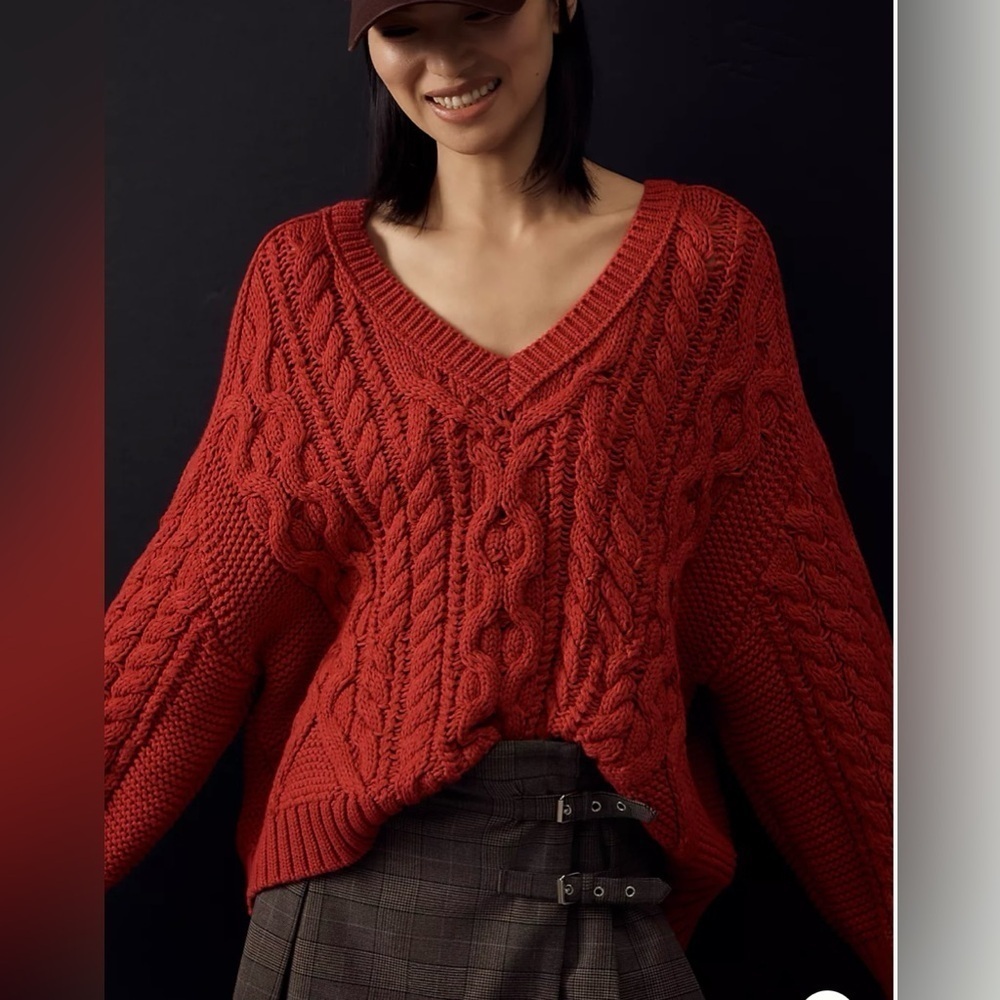 Anthropologie Maeve Red Cable Knit Wide Sleeve Sweater M